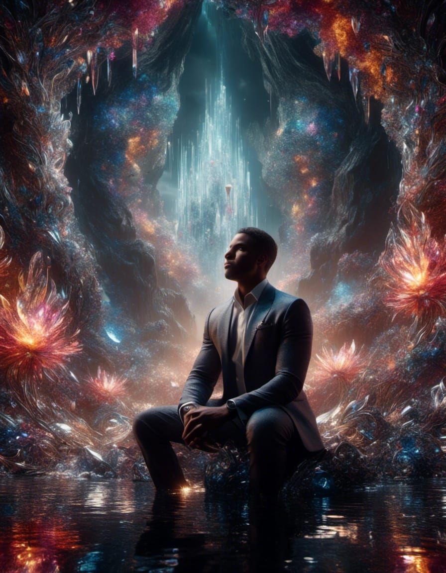 Man in Crystal Cavern: Intricate CGI Concept Art