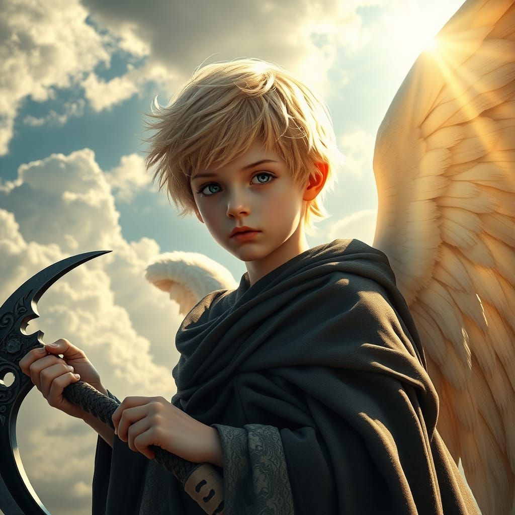 Hyperrealistic Angel Boy with Scythe and Heavenly Cloak