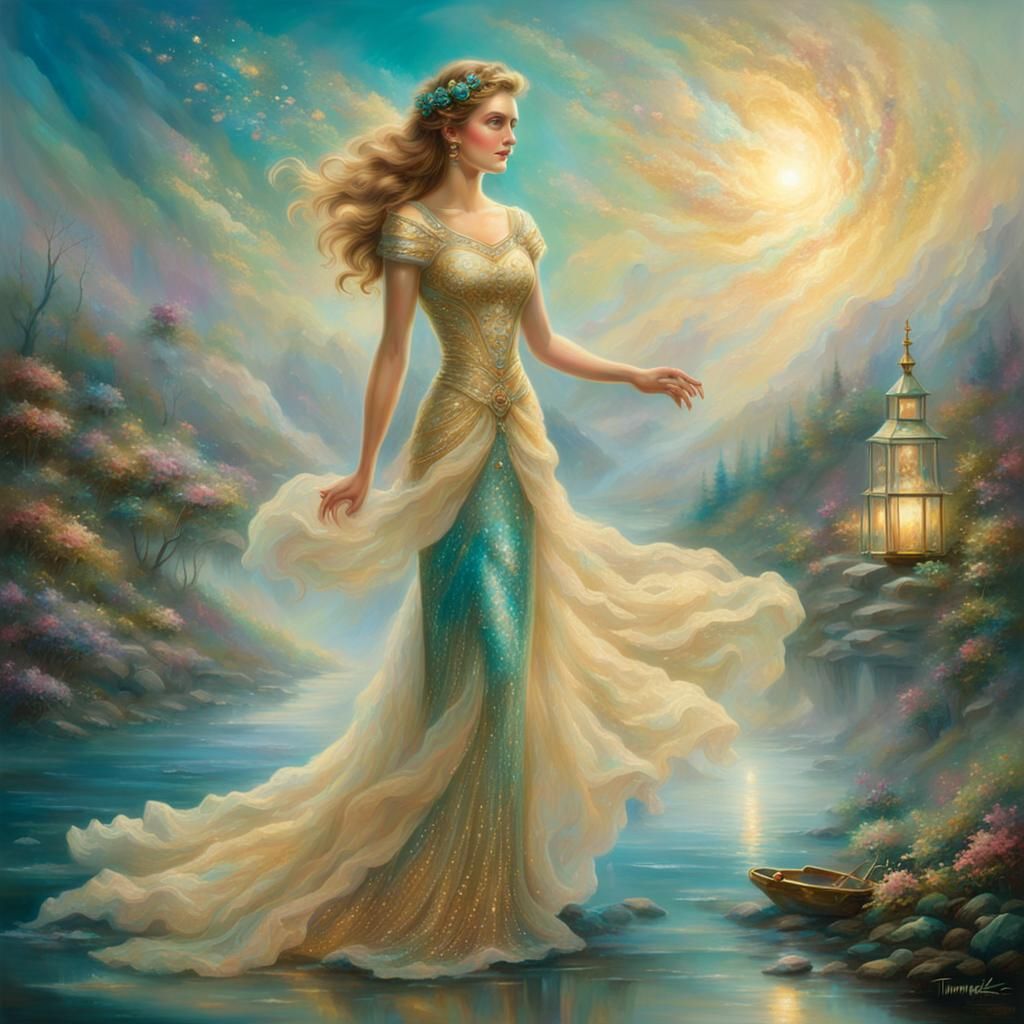 Woman in Gold Dress, Ethereal Fantasy Portrait