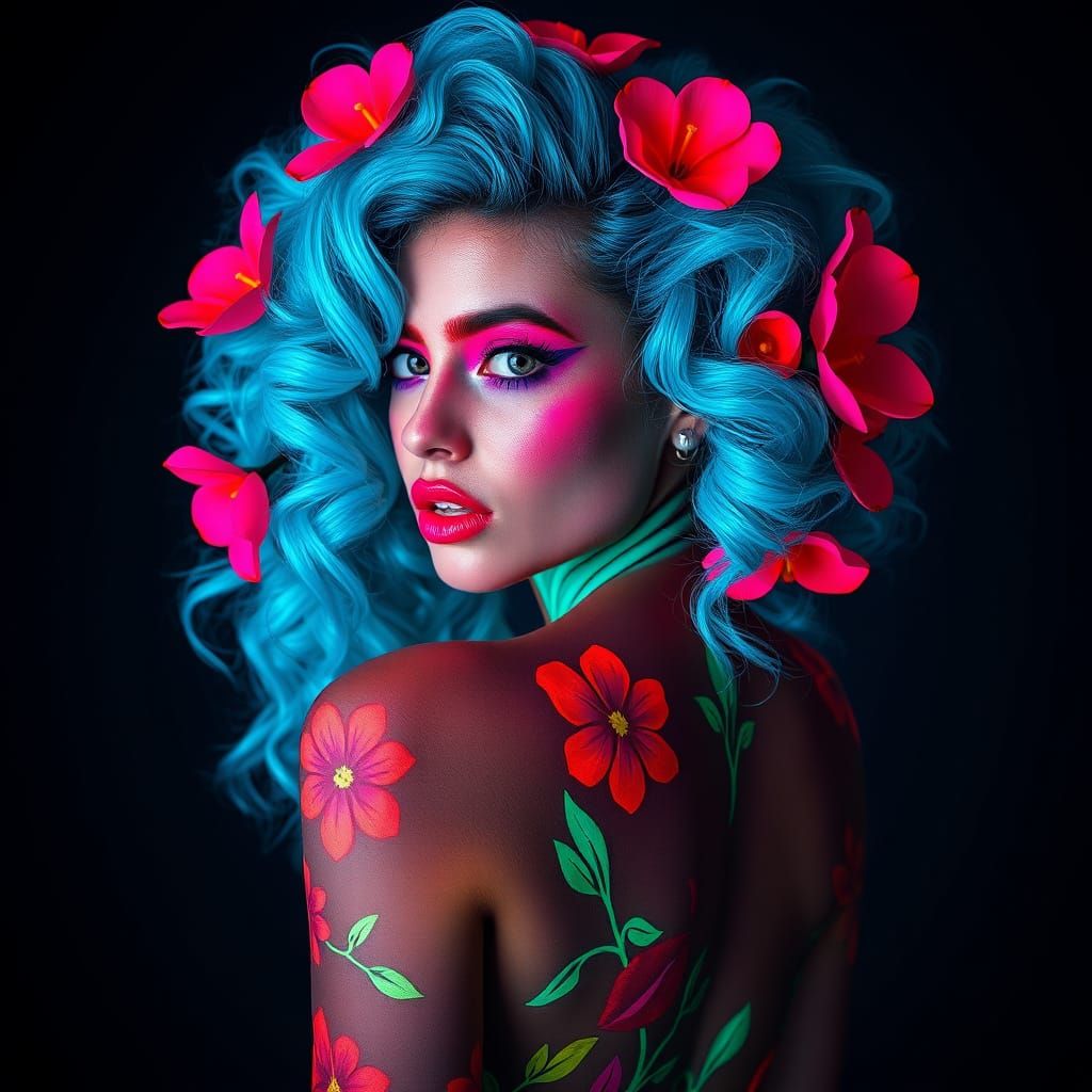 Neon Woman with Flowers in Futuristic Style