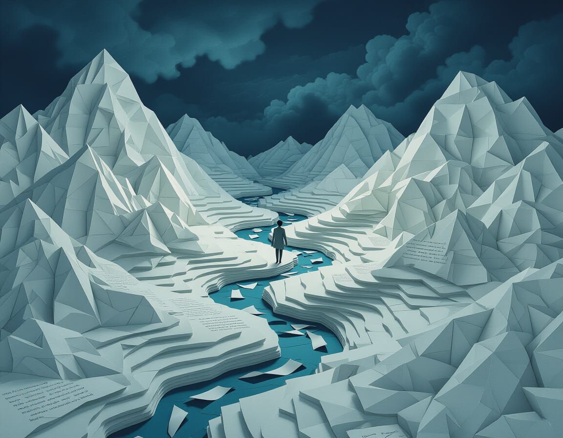 Surreal Paper World Landscape with Lone Explorer