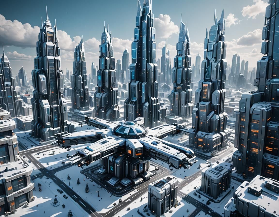 Snowy Near-Future Cityscape with Delivery Drones