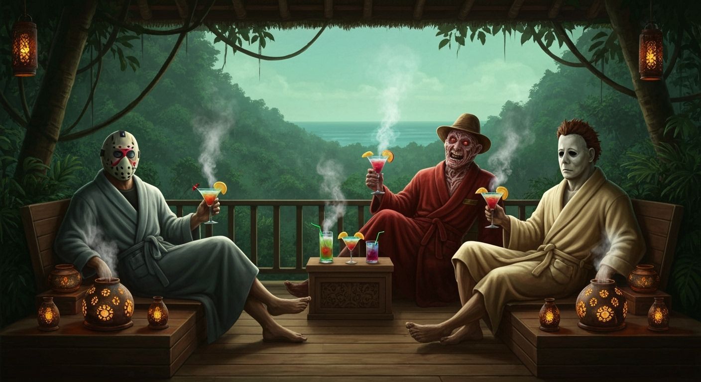 Horror Icons Relaxing at a Bali Spa in Surreal Style