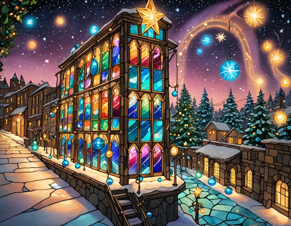 Bioluminescent Crystal Christmas Tree in Stained Glass Style