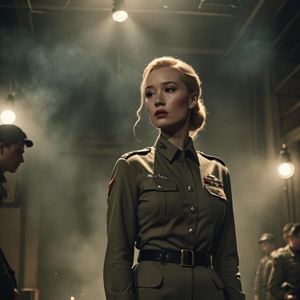 Confident Woman in Sleek Army Uniform, Noir Style