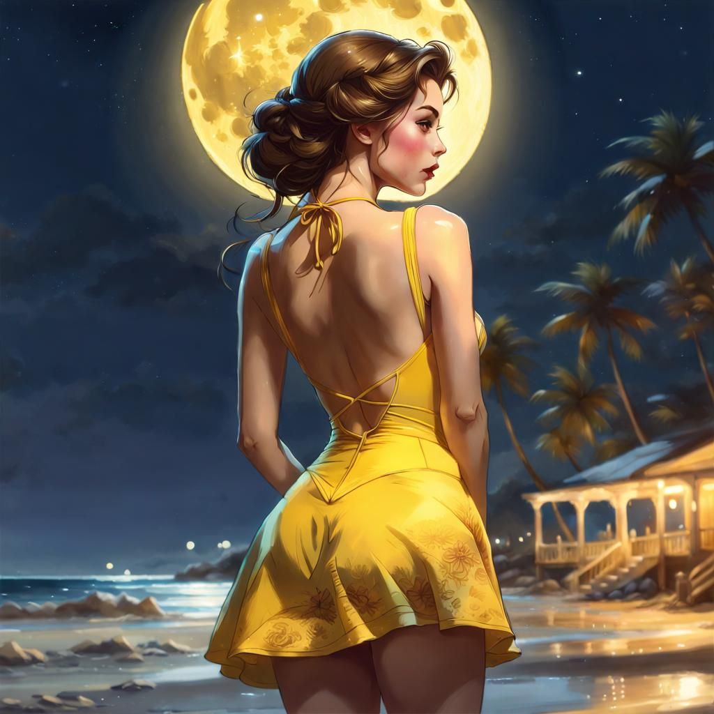 Princess Belle Back Portrait at Beach Under Full Moon