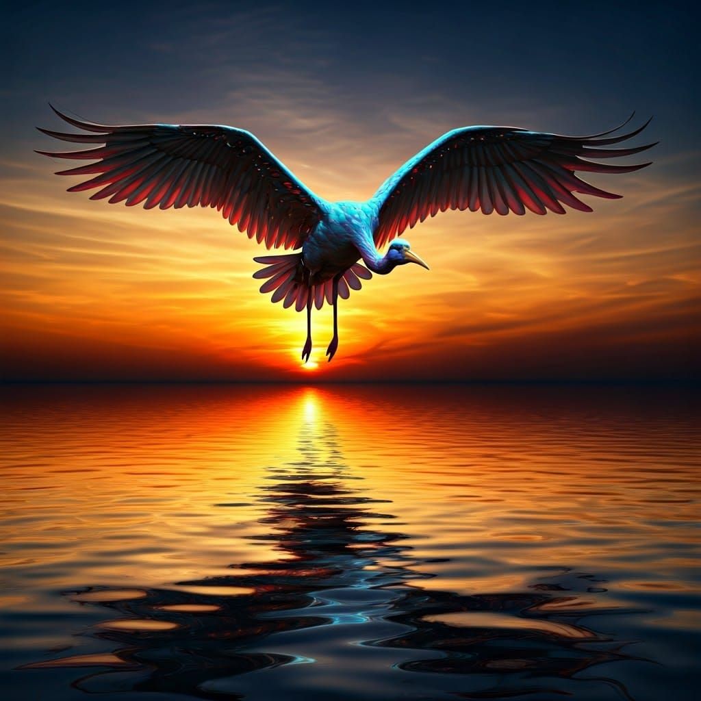 Flaming Bird Soaring Over Lake: Digital Matte Painting