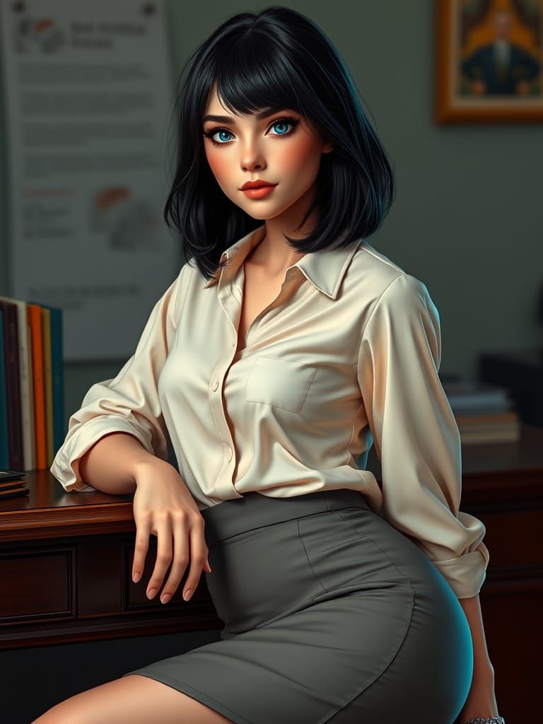 Lovely woman with dark, straight, medium-length hair. Pug nose. Blue eyes. Wearing a tight, knee-length skirt and a blou...