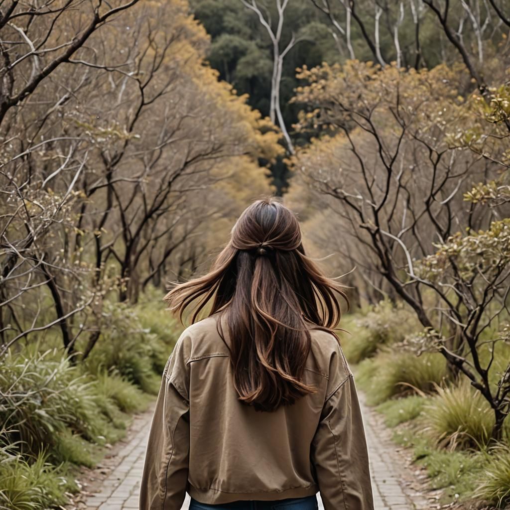 Woman Walking with Long Brown Hair: AI Art