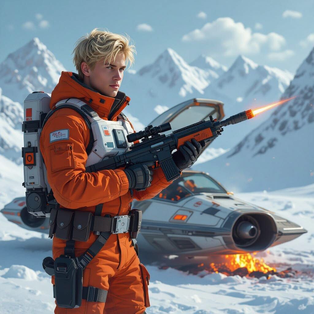 Man in Environmental Suit Beside Burning Speeder