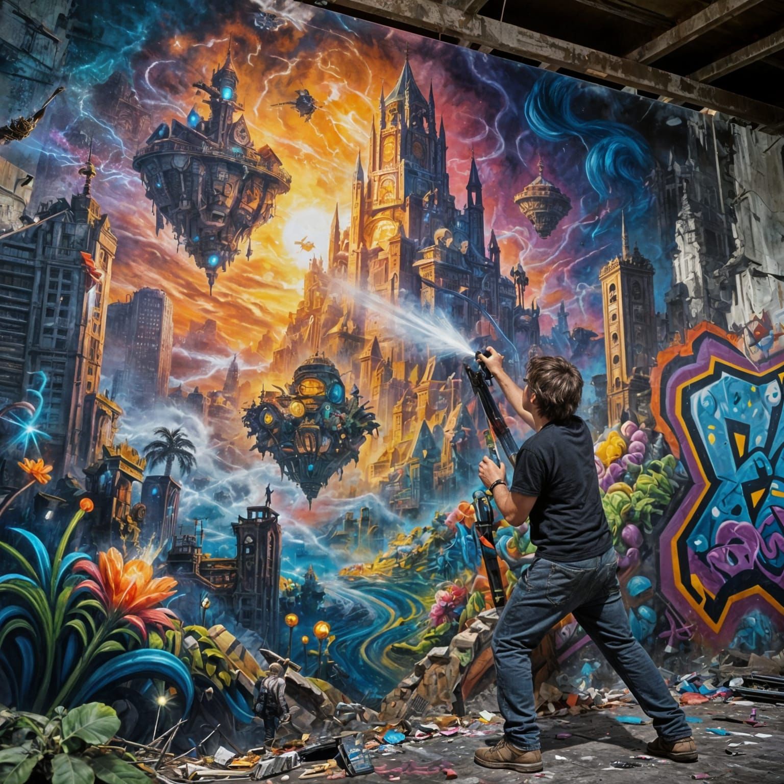 Graffiti Artist Paints Fantasy Landscape on Ruined City Wall
