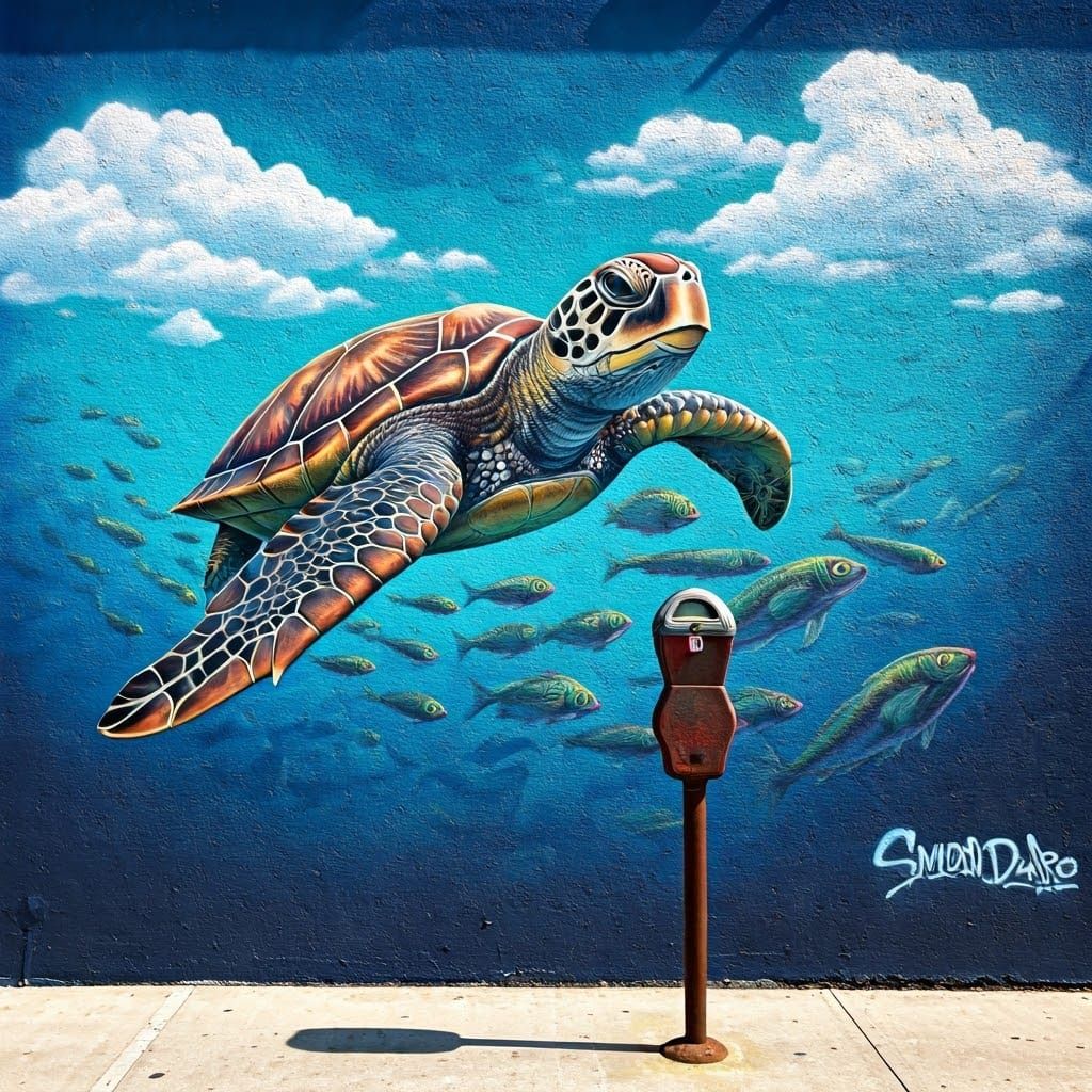 Surreal Turtle Street Art with Parking Meter