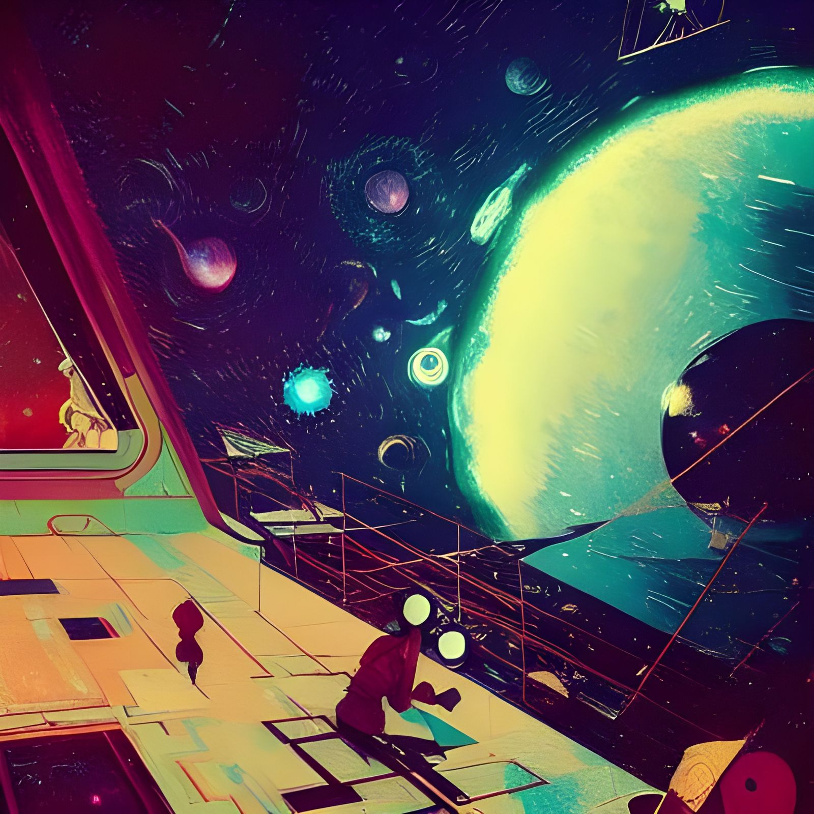 Cosmic View from Spaceship Window: Digital Illustration
