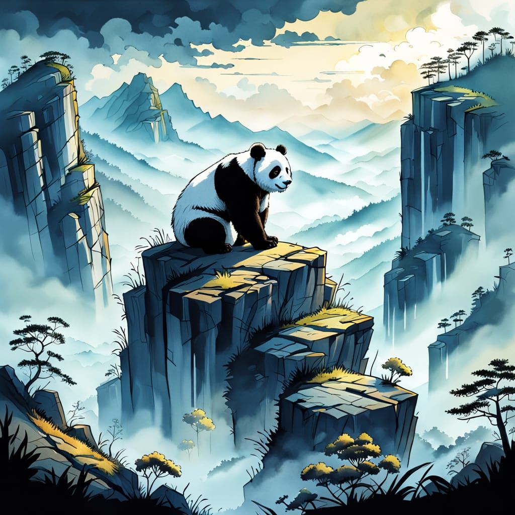 Panda Bear Climbing Rock in Misty Chinese Landscape