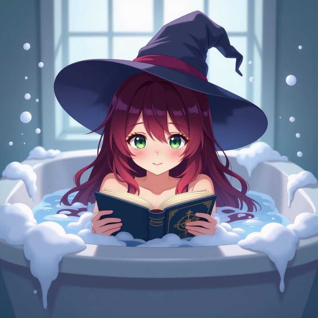 Anime Woman Reading in Bathtub: Studio Trigger Style