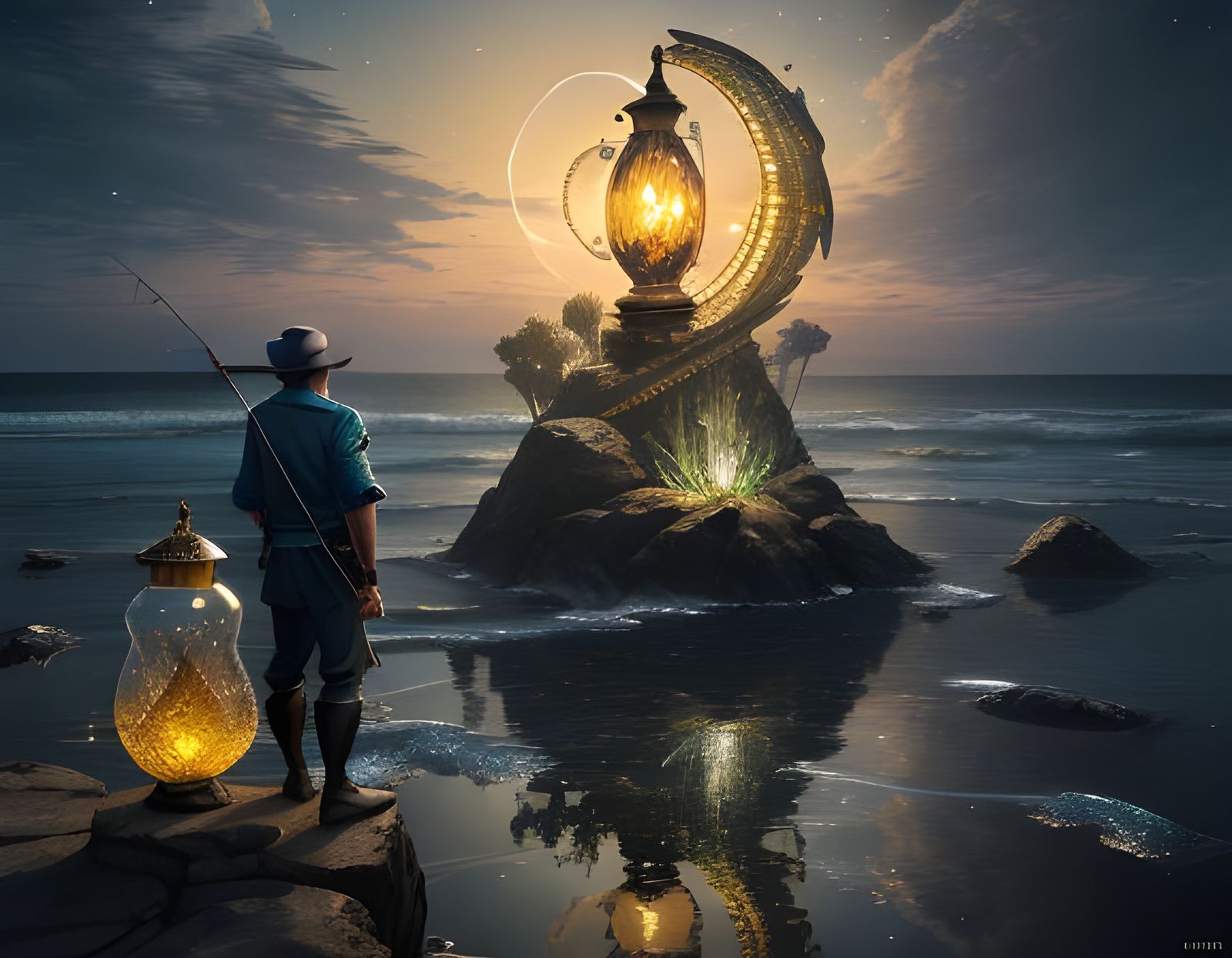 A fisherman and the Atlantis signal lamps at low tide