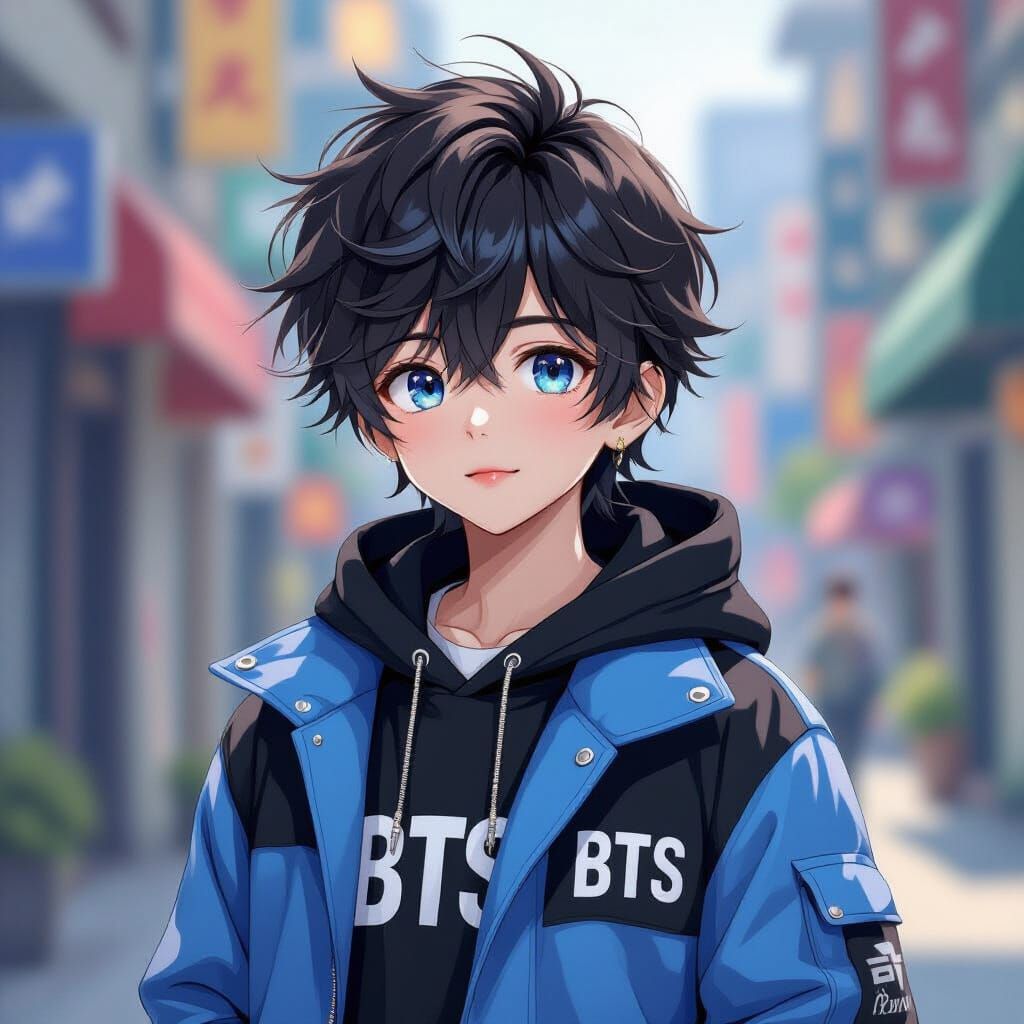 Trendy Anime Boy in Blue and Black Attire