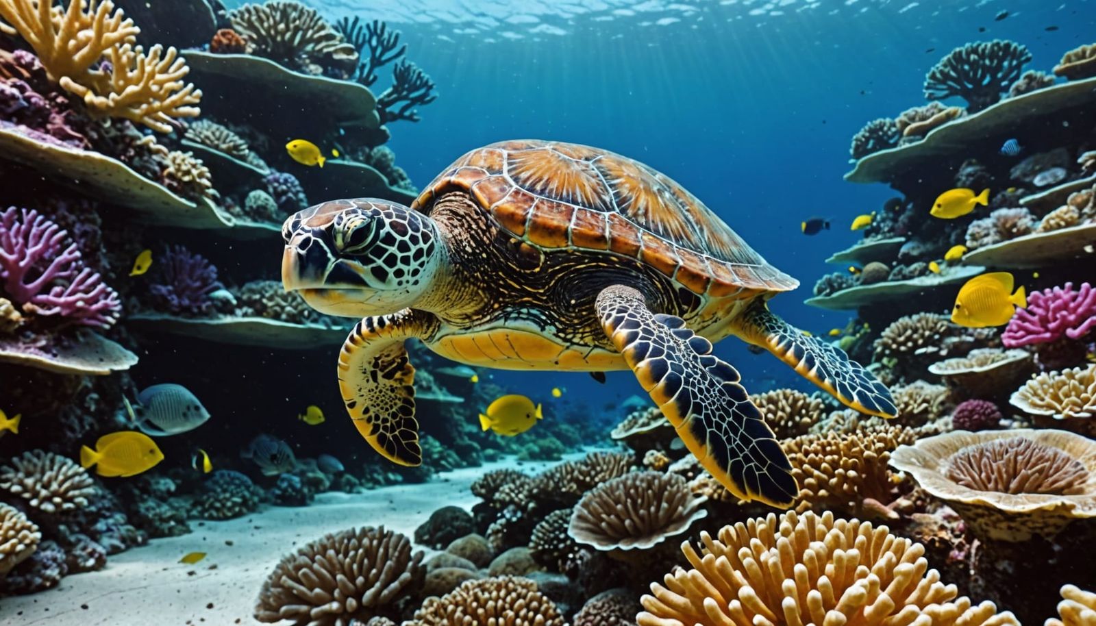 Vibrant Coral Reef Macro Photography with Sea Turtle