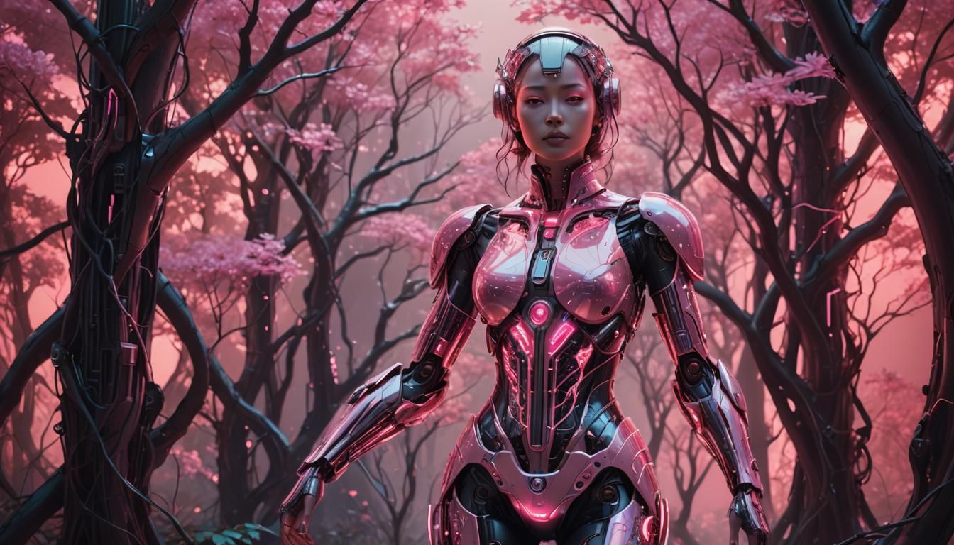 Cyborg in Mechanical Forest: Surreal Futurism