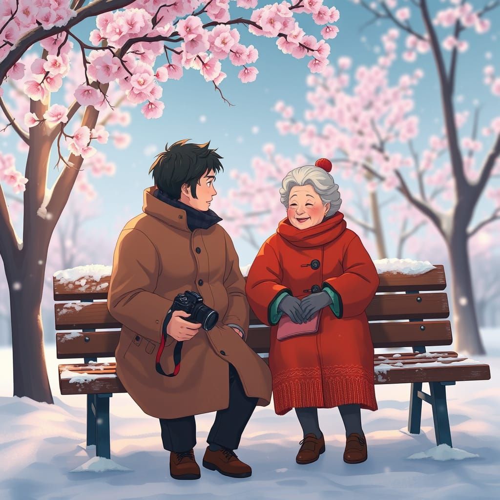 Elderly Couple in Snowy Cherry Blossom Season, Ghibli-Inspir...