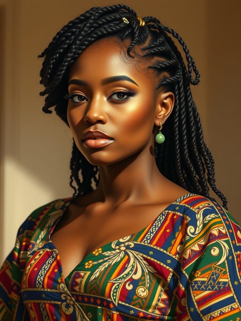 Elegant Black Woman Portrait with Intricate Braids and Kente...