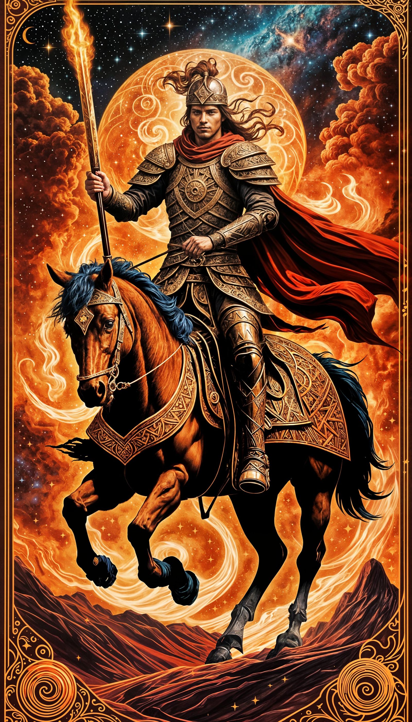 Fiery Warrior on Horseback Tarot Card Art