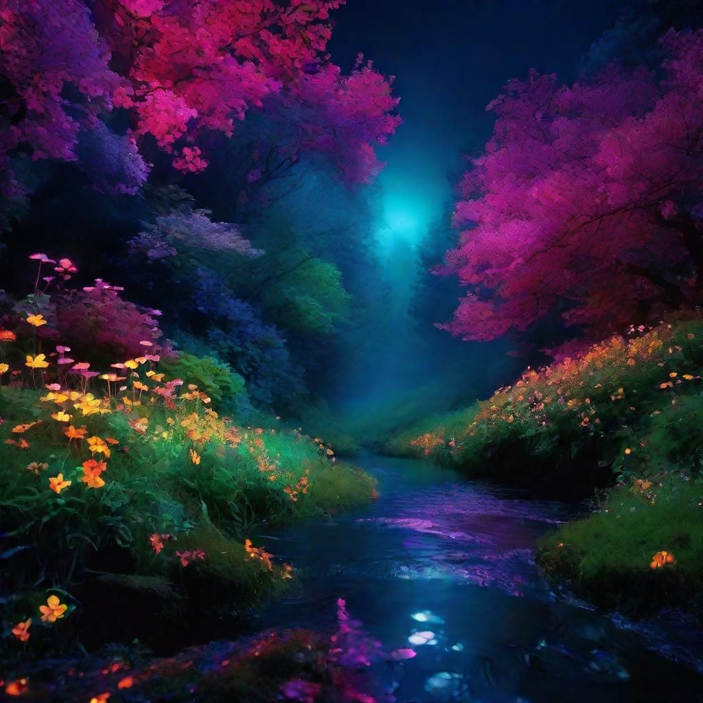 Enchanted Forest with Glowing Flowers at Night