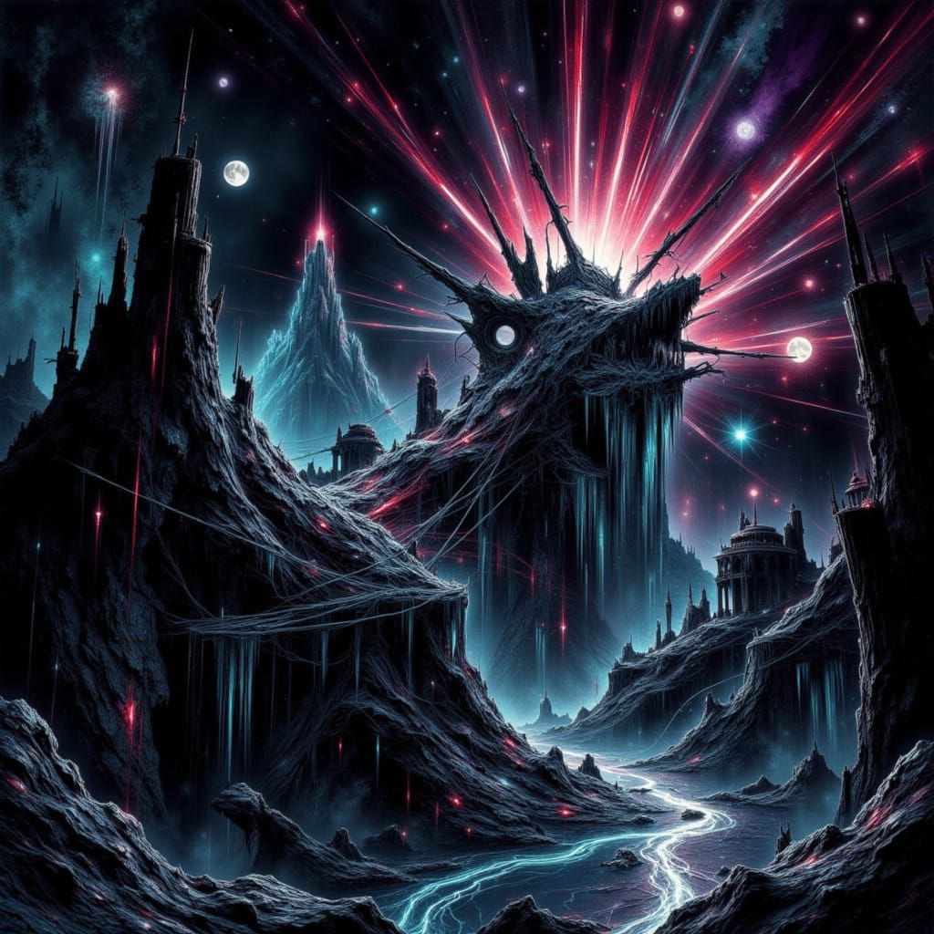 3D Holographic Noirscape Schematic with Corroded Elements