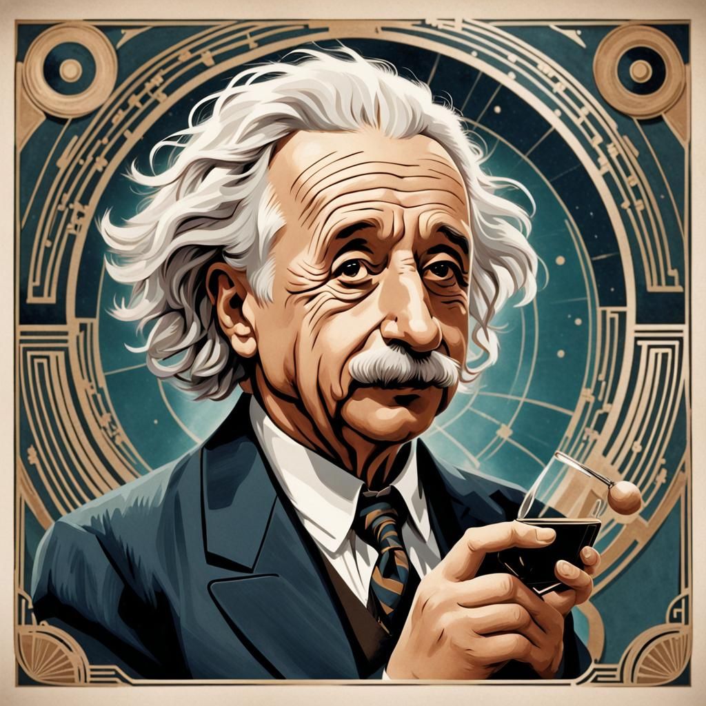 Art Deco Card of Einstein Enjoying Wine