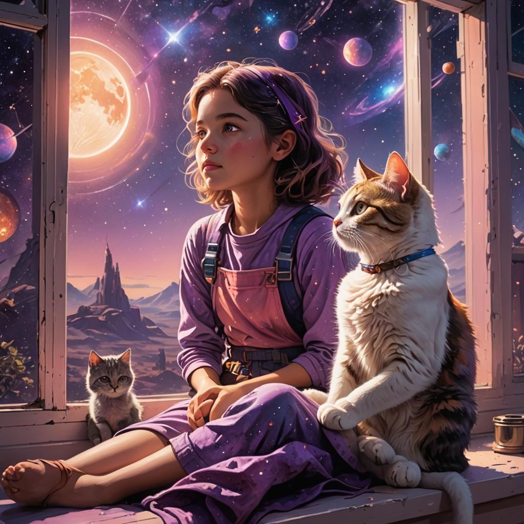Girl and Cat Gaze at Cosmic Sunrise