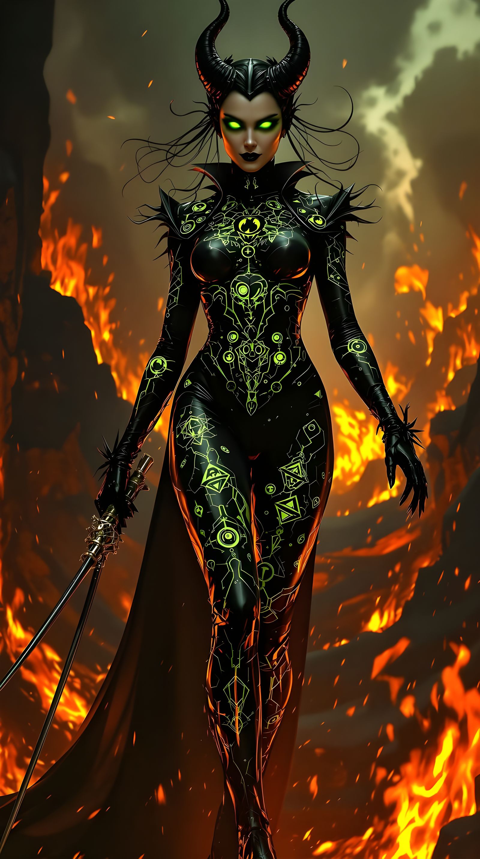 Demoness in Latex Catsuit Strolling Through Hellfire