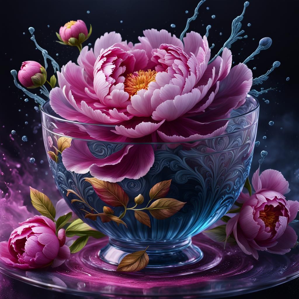 Peony in Glass Cup: Detailed Matte Painting