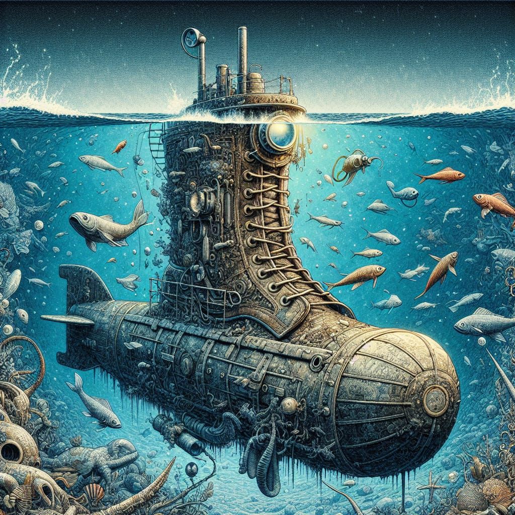 Boot-Shaped Submarine in Deep Sea, Romantic Style