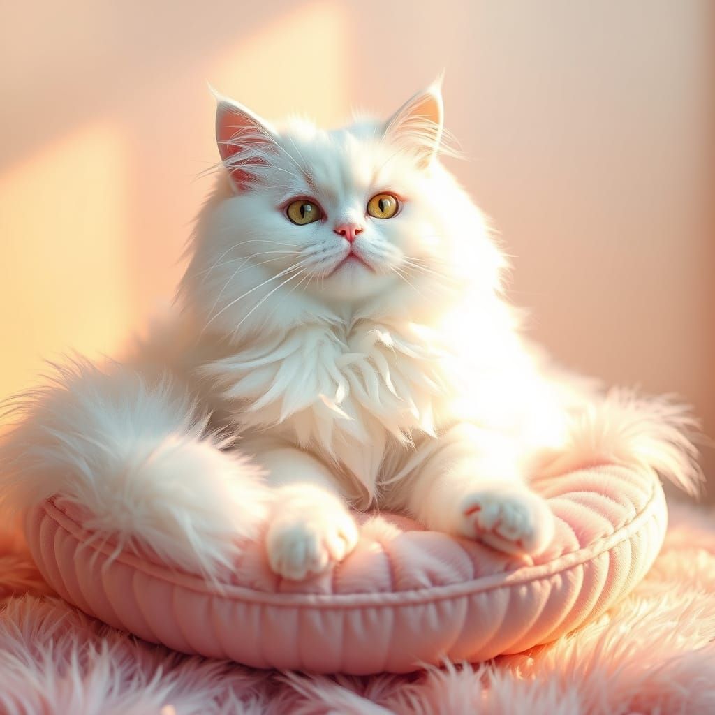 Whimsical Fluffy Cat in Warm, Golden Light