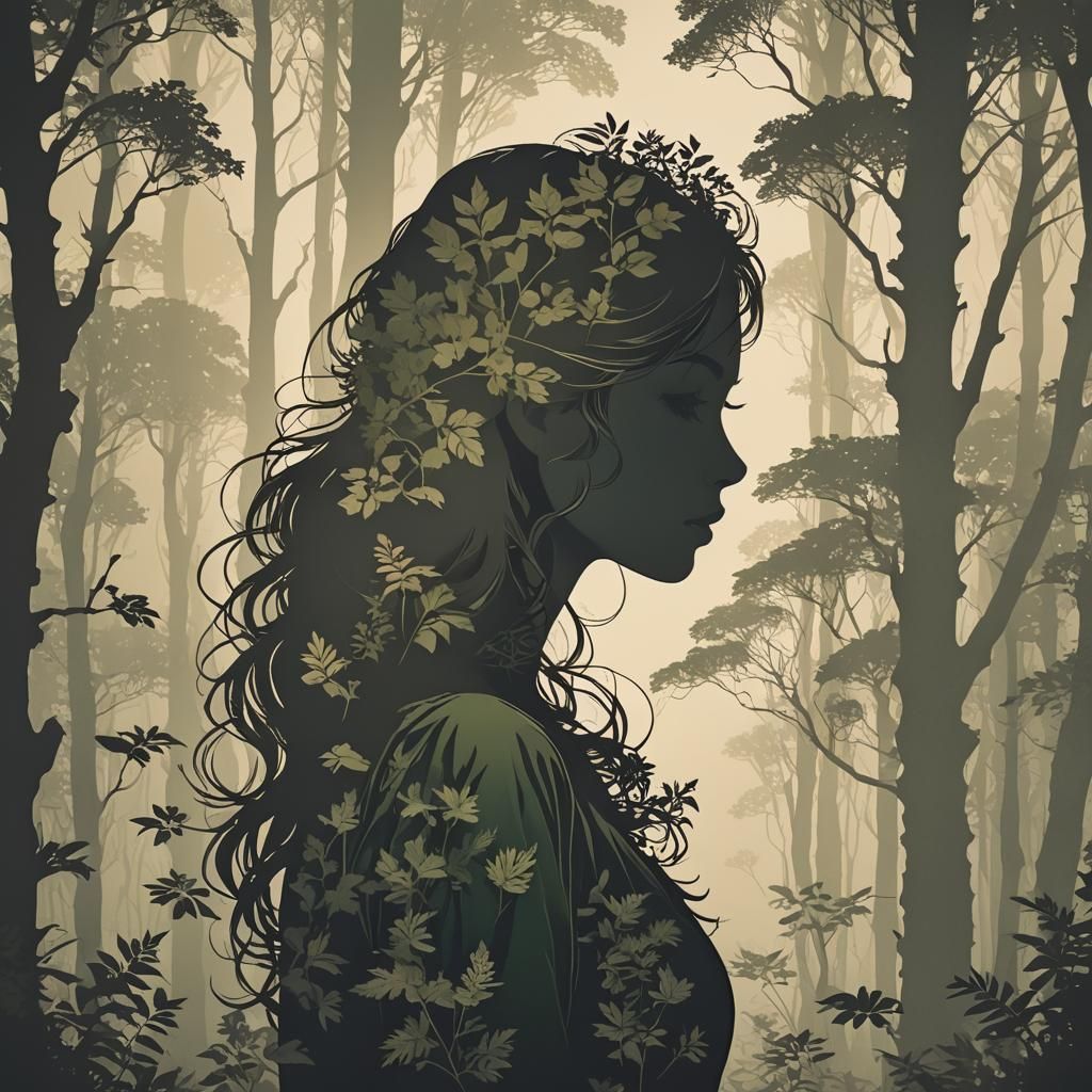 Girl Silhouette Filled with Forest