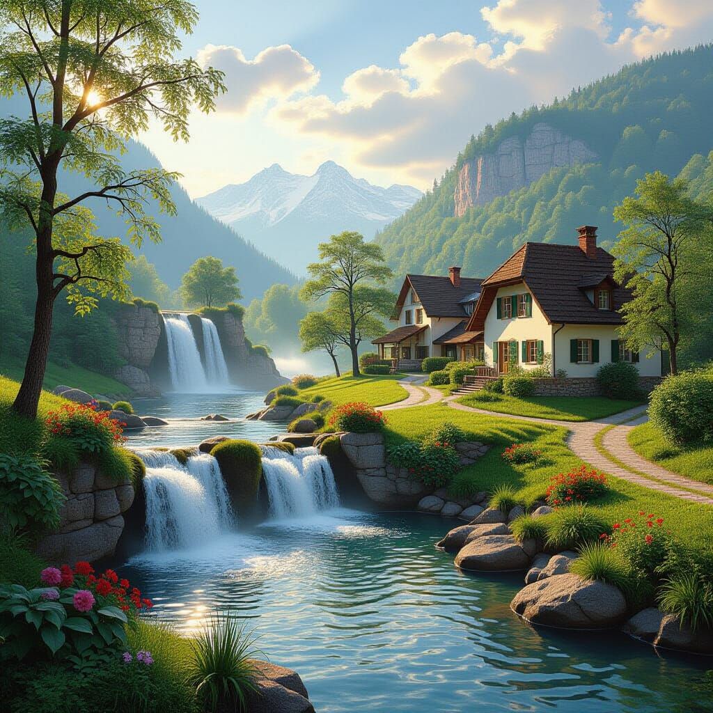 Picturesque Pastoral Landscape with Waterfalls