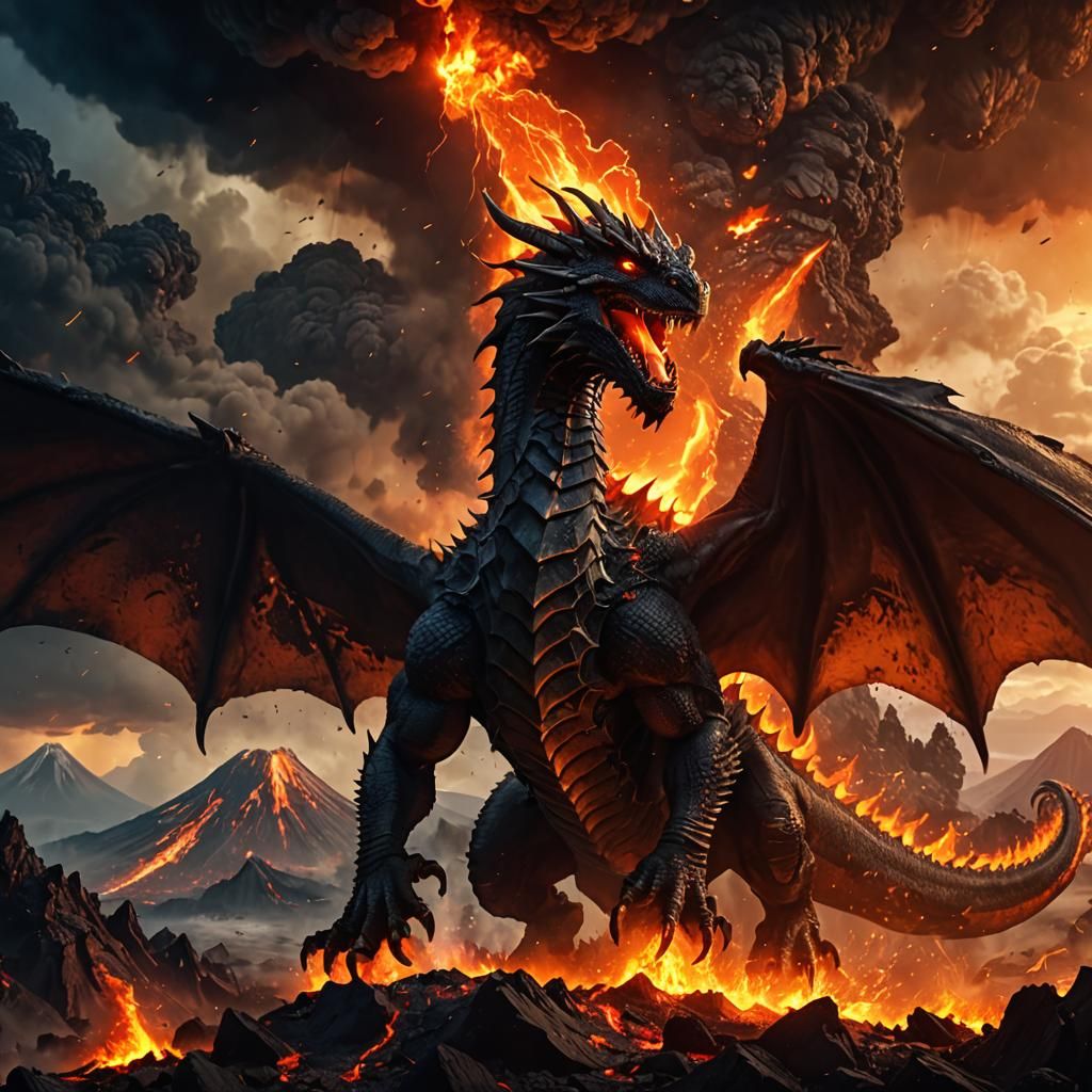 Dragon Above Erupting Volcano: Cinematic Matte Painting