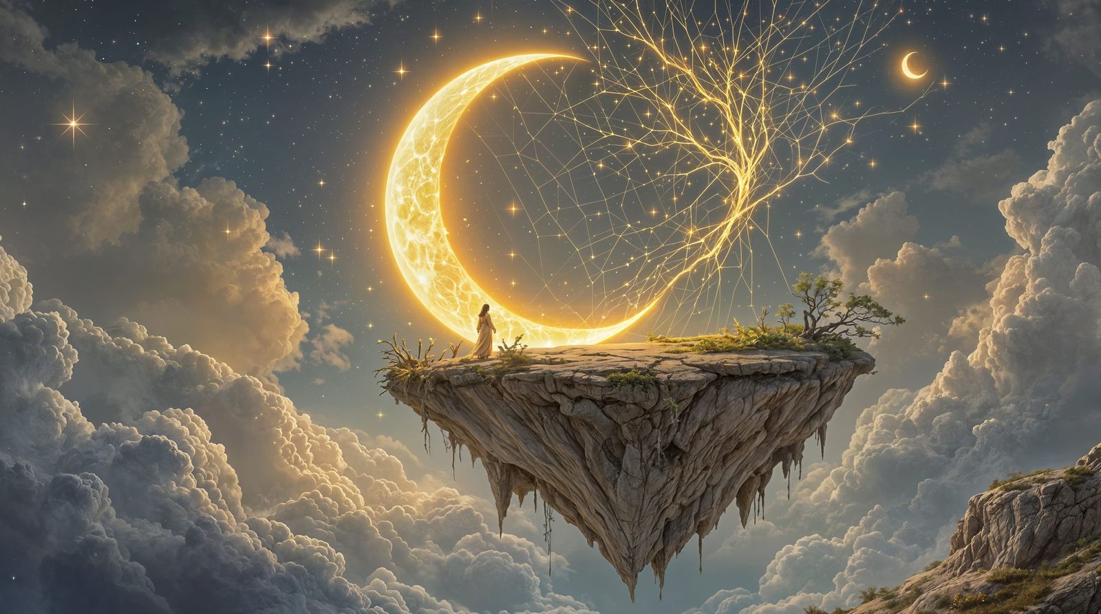 Floating Island Oasis Under Celestial Crescent Moon