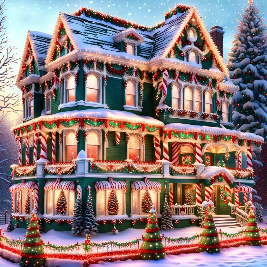 Victorian House Decorated for Christmas in Airbrush Style