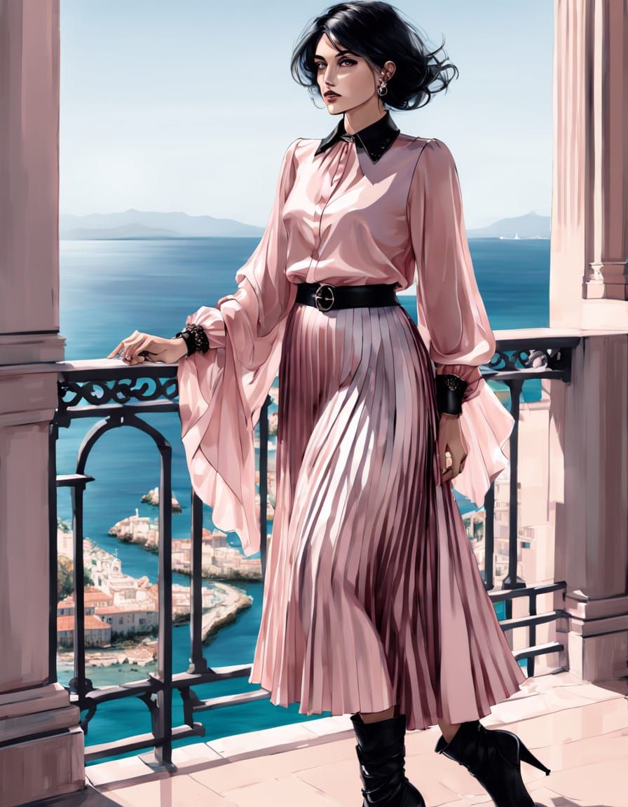 Sultry Mature Woman Admires Spanish Mediterranean Bay in Lin...