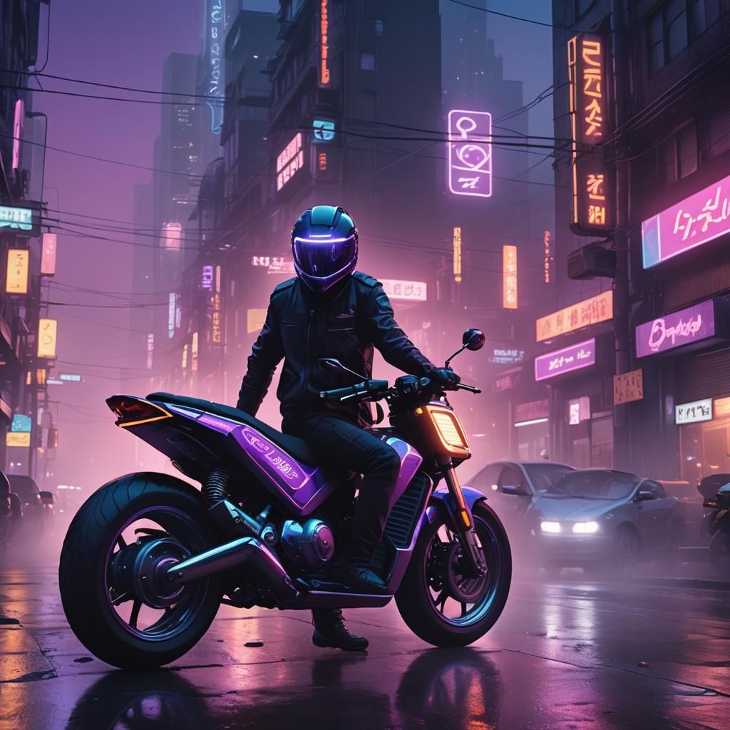 Sleek Neon Moped in Cyberpunk Cityscape