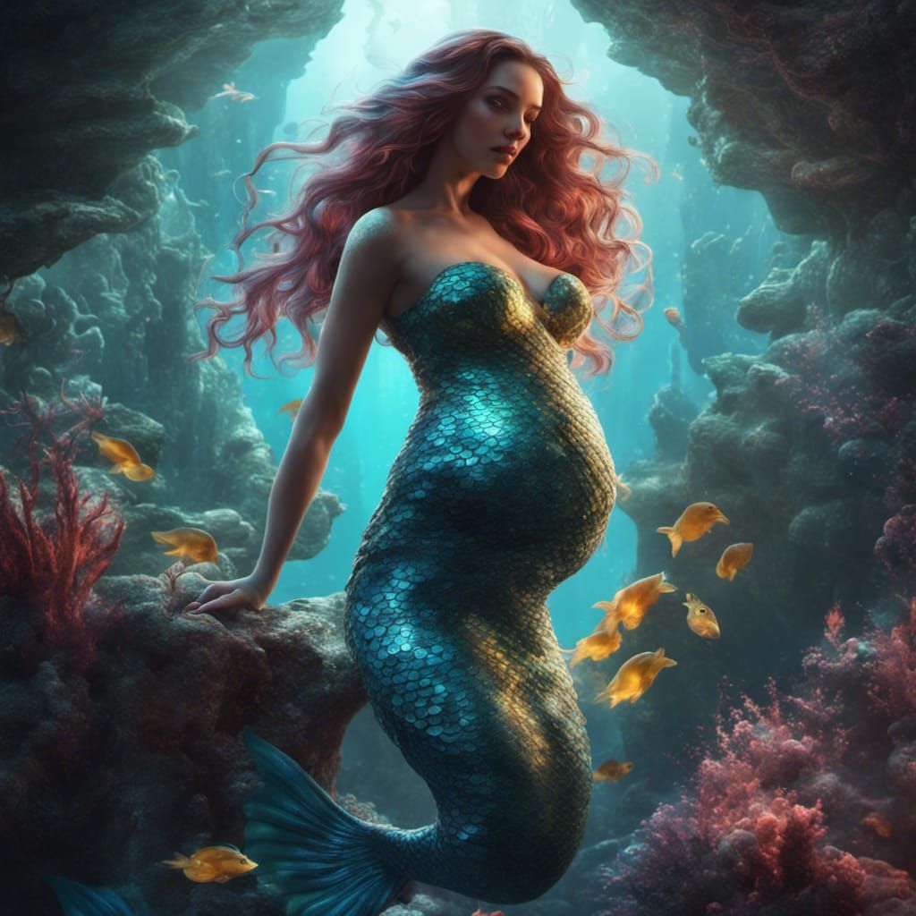 Glowing Pregnant Mermaid in Detailed Matte Painting