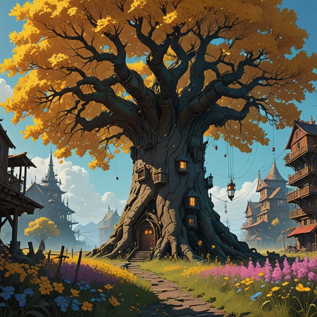 Majestic Tree of Golden Abundance in a Lush, Dreamy Landscap...