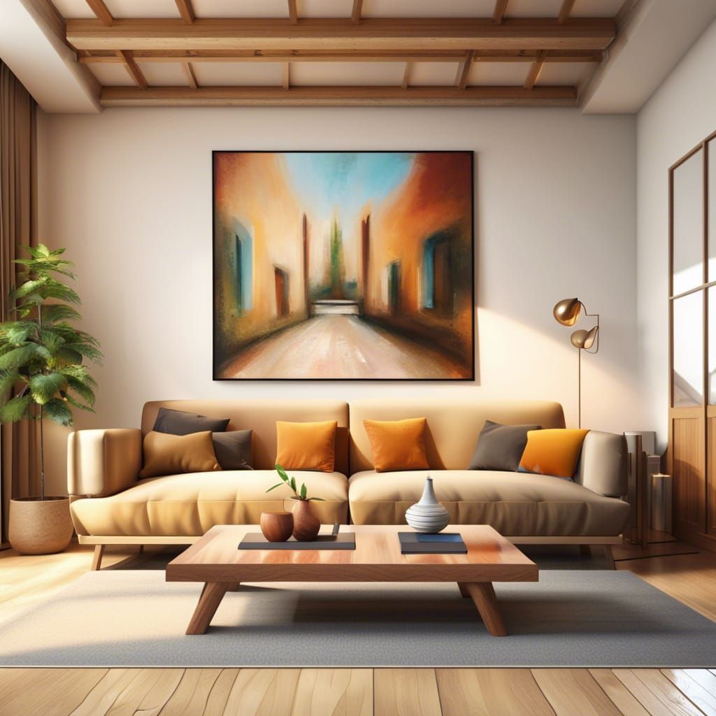 Relaxing Room with Sofa and Paintings in Hyperrealistic Styl...