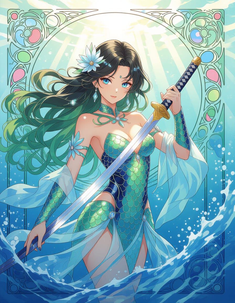 Anime Woman Rising from Ocean Depths in Art Nouveau Style