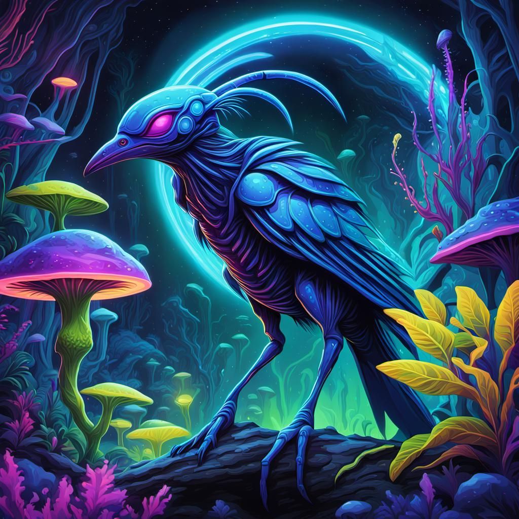 Bioluminescent Alien Bird in Neon Flora