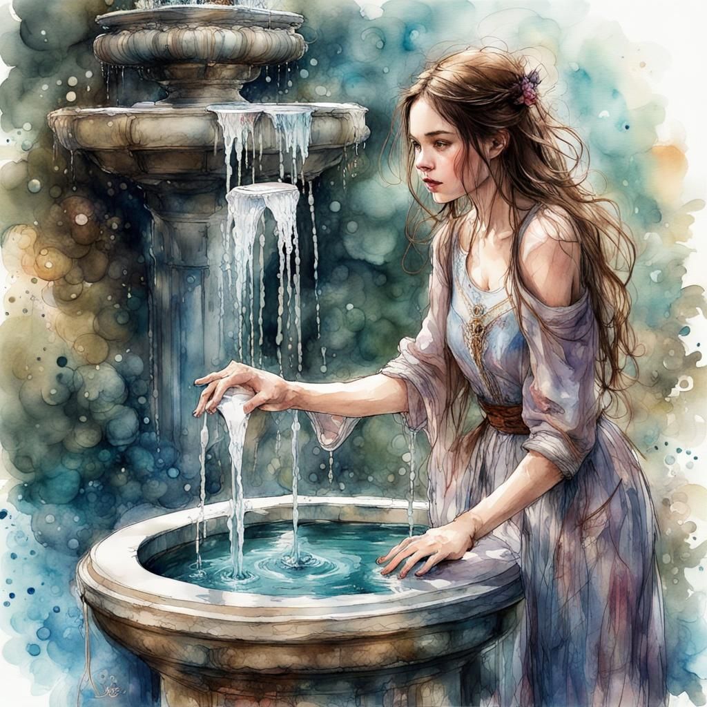 Fantasy Lady at Flowery Watercolor Fountain