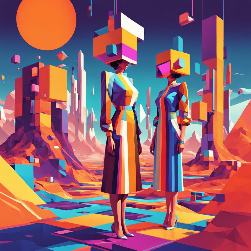 Vibrant Retrofuturistic World with Cubic Man and Woman