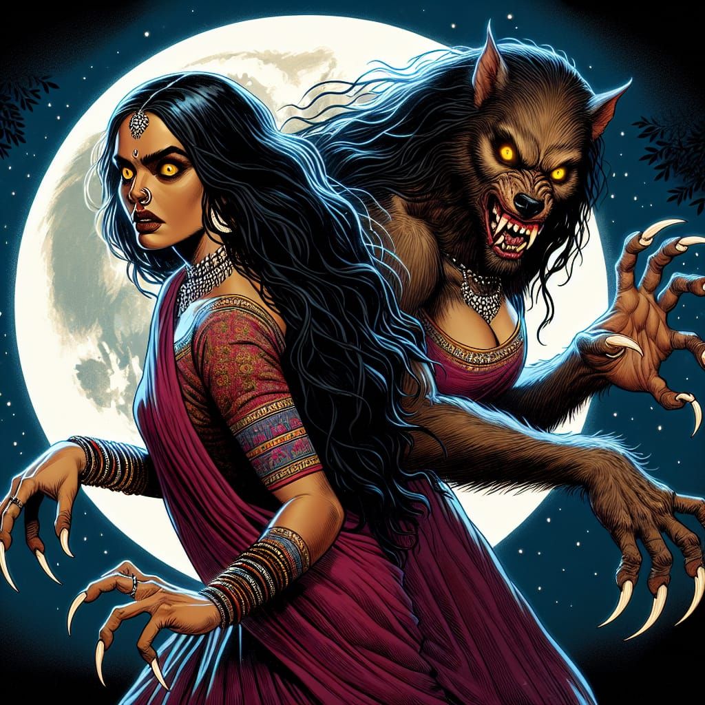 South Asian Woman's Werewolf Transformation Under Full Moon