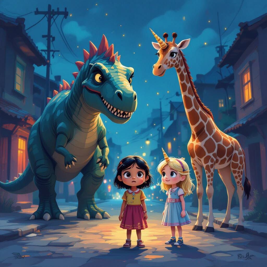 Girl Rescued from Dinosaur by Unicorn and Giraffe